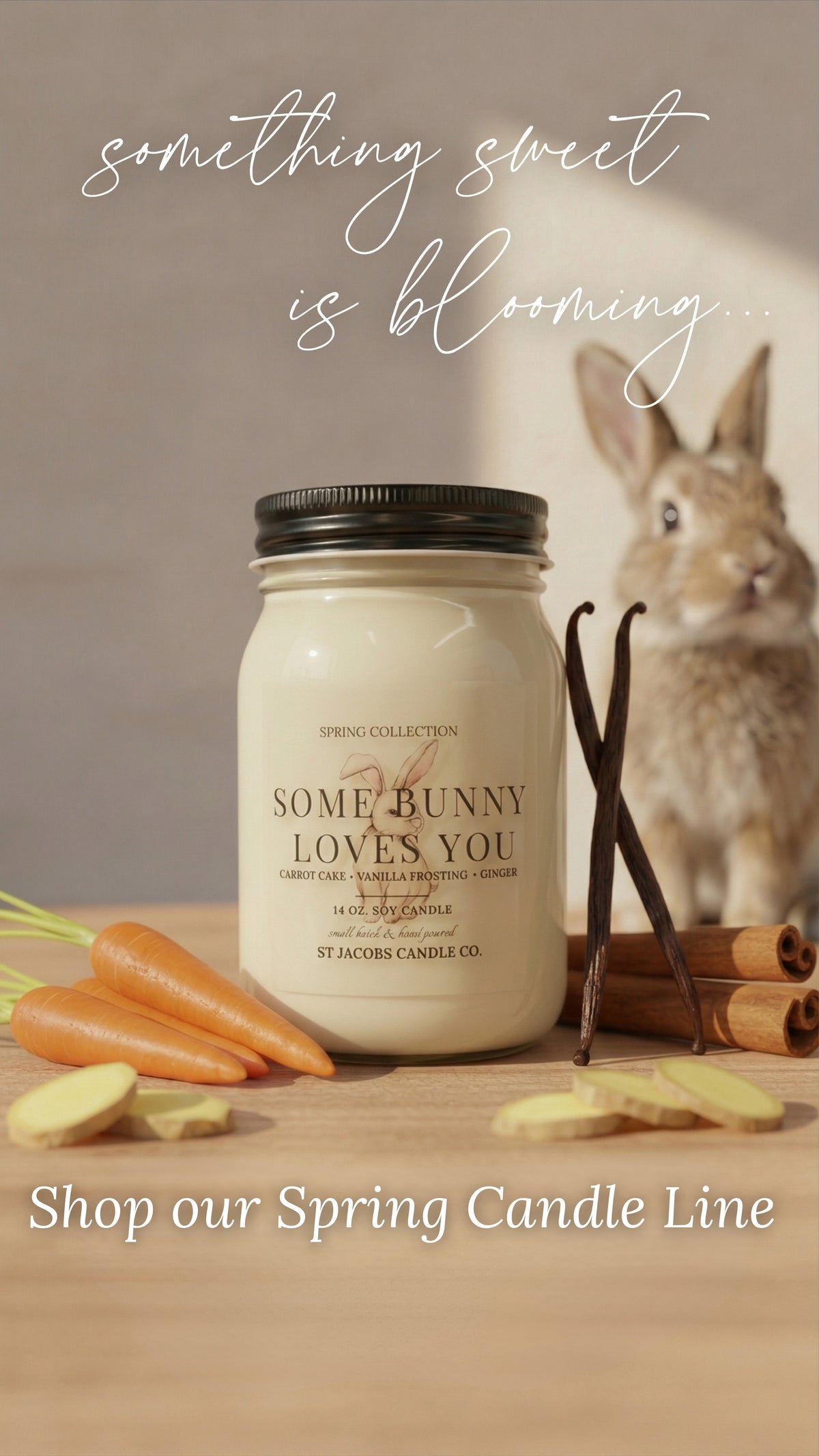 Spring candle launch banner featuring a hand-poured soy candle with spring florals and Easter-inspired styling by St. Jacobs Candle Co.